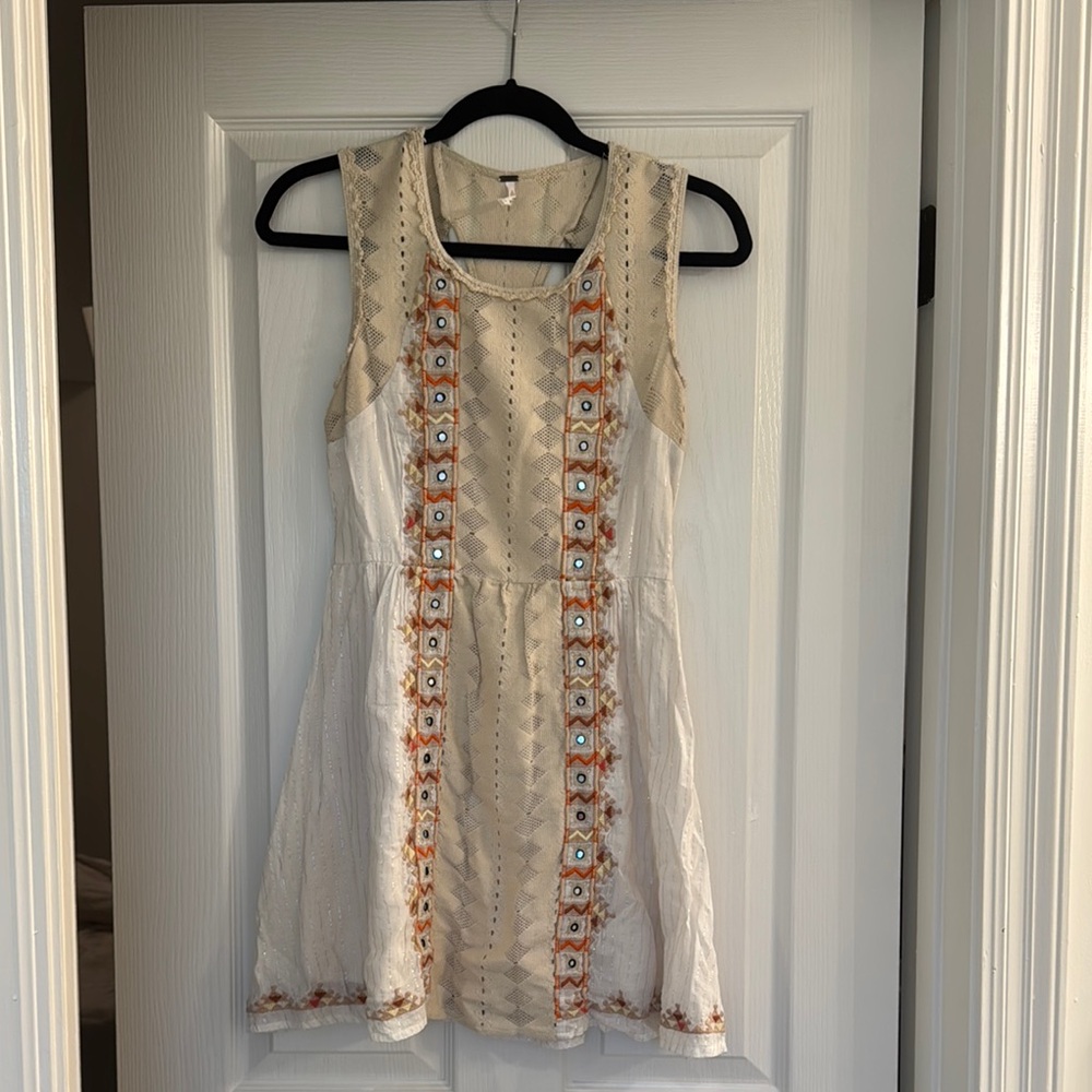 Free People Embroidered Sleeveless Dress - Cream and Orange